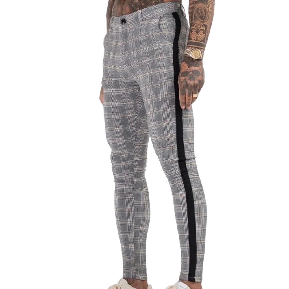 NWOT ICON AMSTERDAM Pants 30 Plaid Grey White Black-Stripe Stretchy”Viera”